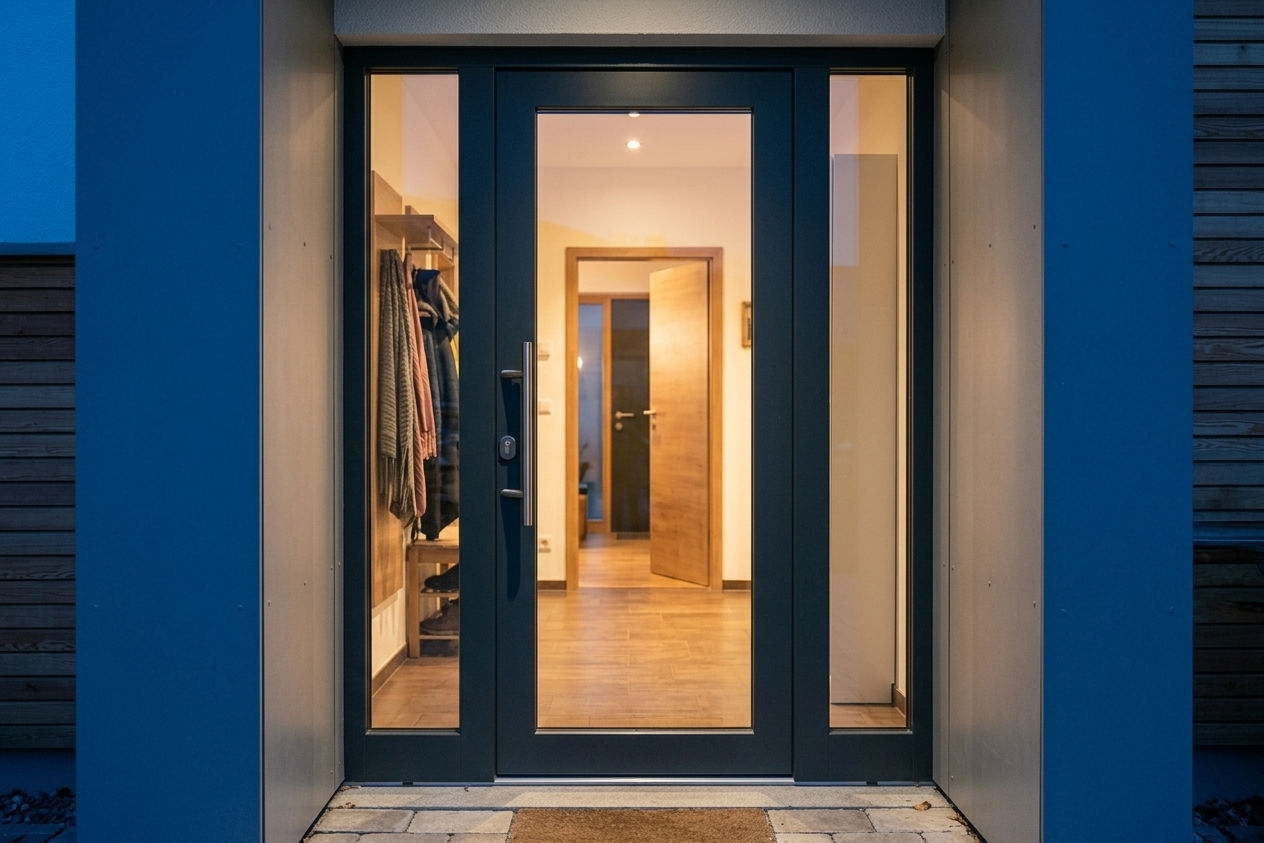 Haustür mit Spionglas am Abend: durch die beleuchtete Innenseite blickst Du von außen ins Haus.