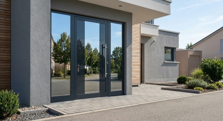 Moderne Haustür mit verspiegeltem Spionglas von außen, in dem sich Himmel und Bäume spiegeln, kein Blick ins Innere.