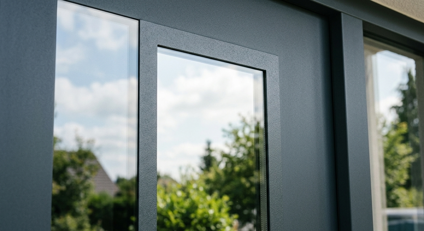 Verspiegelte Spionglas-Scheibe der Haustür bei Tageslicht, die Reflexion verbirgt das Hausinnere komplett.